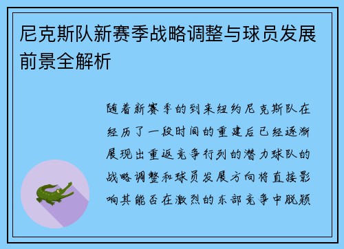 尼克斯队新赛季战略调整与球员发展前景全解析